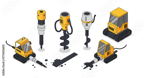 Construction equipment isometric set with drilling machines and compact excavators