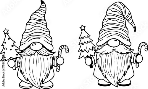 Two hand drawn gnomes holding christmas trees and candy canes