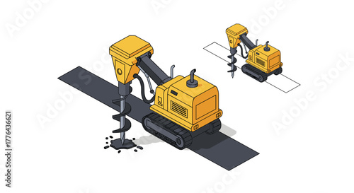 Isometric construction drill machines with industrial auger on white background