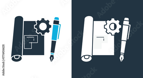 Blueprint pen gear design icon - Vector icon symbol for website - Icon vector - Blue icon vector - Line and glyph solid icon and logo template