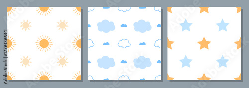 Set of seamless baby patterns with stars, clouds and sun on a white background