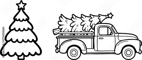 Hand drawn illustration of a christmas tree and a vintage pickup truck carrying a tree