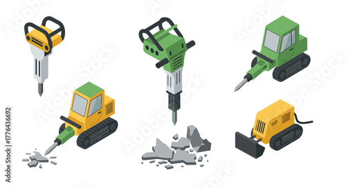 Heavy equipment and machinery icons in isometric design for construction projects