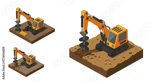 Isometric excavator drilling animation with construction cones and soil details