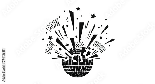 Explosive celebration emanates from a disco ball, creating a vibrant party atmosphere.