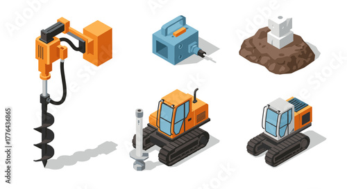 Isometric construction equipment set with drill, bulldozer, and cube elements