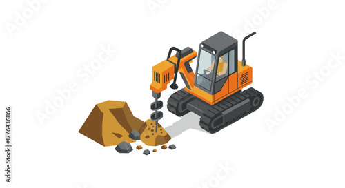 Isometric excavator drilling machine on construction site with rock pile