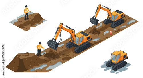 Construction site equipment with workers and excavators in isometric design