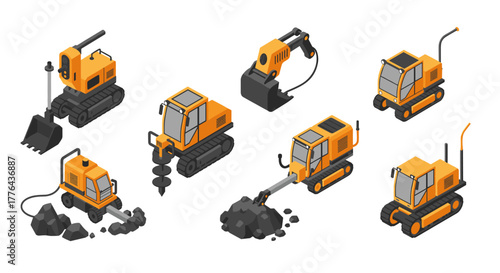 Collection of isometric construction machinery icons featuring excavators and drilling rigs