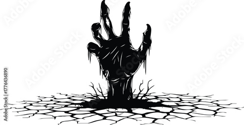 Silhouette of a zombie hand emerging from cracked dry earth