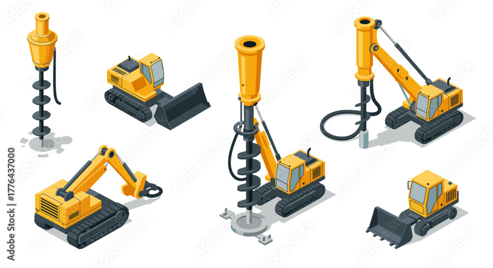 Obraz premium Construction machinery collection with isometric drilling and excavator equipment