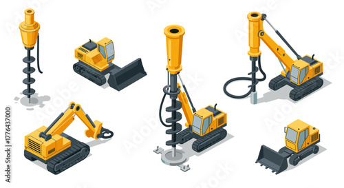 Construction machinery collection with isometric drilling and excavator equipment