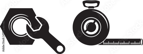 Monochrome vector icons of mechanical wrench, nut, and measuring tape tool.