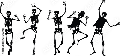 WebFive dancing skeletons in a row on a white background