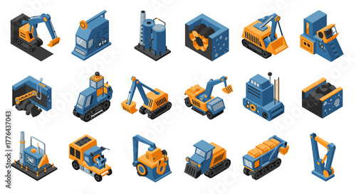 Isometric construction machinery set featuring various industrial equipment