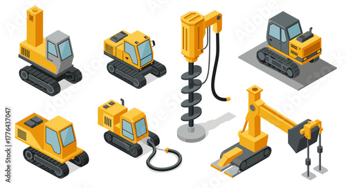 Isometric construction vehicles collection: excavators, drills, and more