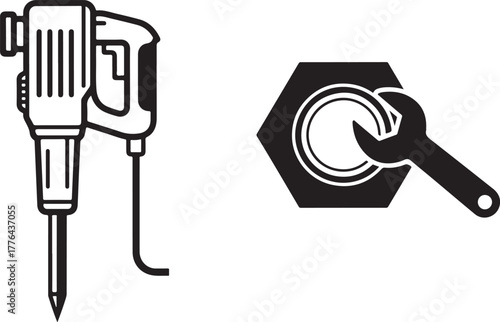 Industrial Power Tool and Mechanical Repair Black and White Icons