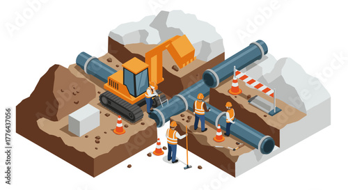 Construction team working on underground pipeline installation in isometric design