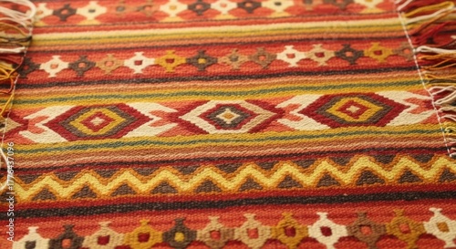 Colorful woven textile with ethnic geometric patterns and fringe