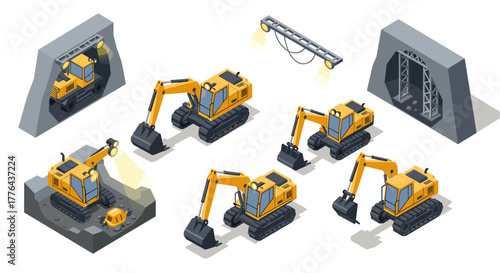 Isometric construction equipment collection with excavators and tunnel elements