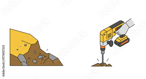 Construction tools in action: cordless drill and excavation scene in minimal style