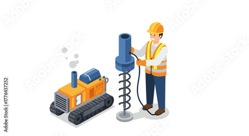 Isometric construction worker operating drill machine with safety gear