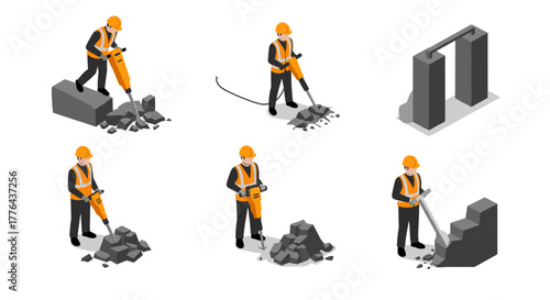 Isometric construction workers using jackhammers on concrete blocks