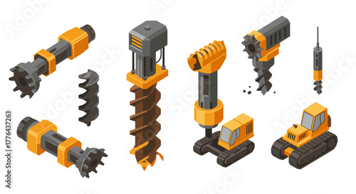 Isometric drill and construction machinery set with heavy equipment tools