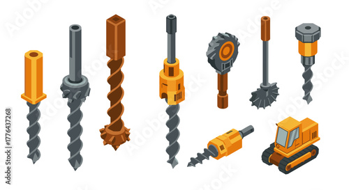 Isometric construction drill heads and machinery collection