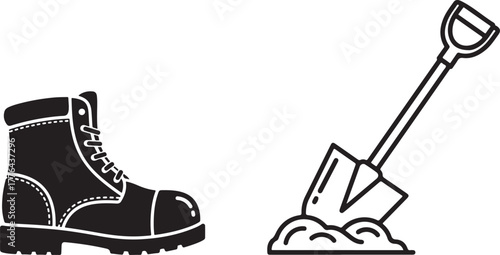 Black Work Boot and Shovel Digging Earth Simple Vector Icons