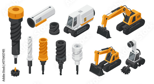 Construction equipment set with isometric tools and machines in yellow and black