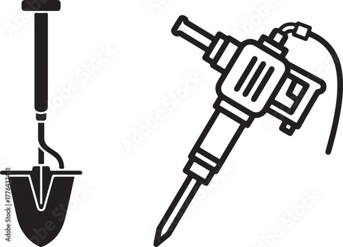 Minimalist Black and White Shovel and Jackhammer Vector Graphics