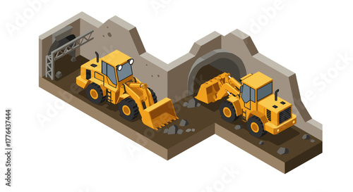 Isometric construction scene with tunnel and bulldozers