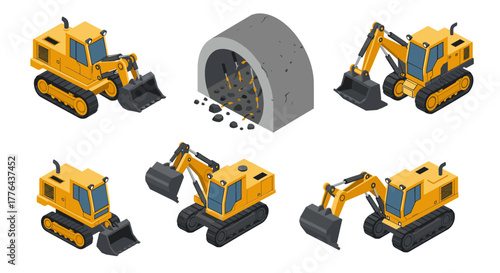 Isometric construction equipment and tunnel scene with bulldozers and excavators