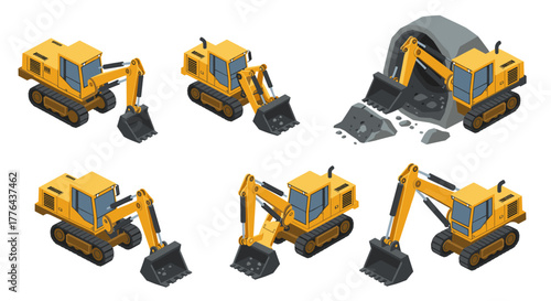 Construction excavator in various positions and actions isometric style