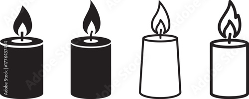 Four candles with different flame sizes and colors on a white background.
