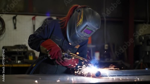 Female welder working on metal surface in workshop with sparks  