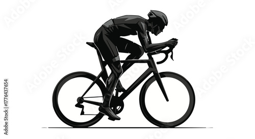 Focused cyclist in aerodynamic pose on a racing bicycle, emphasizing speed and determination.
