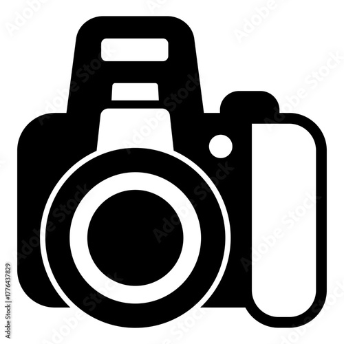 Camera with objective and flash solid icon, optical equipment concept. Vector graphics. Photo camera sign on white background, style icon mobile or web design.