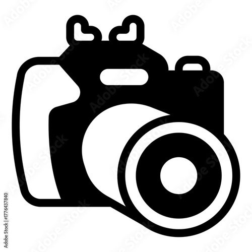 Camera with multi zoom solid icon, optical equipment concept. Vector graphics. Photo camera sign on white background, style icon mobile or web design.