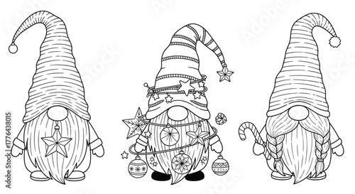 Three cute Christmas gnomes line art for coloring book.