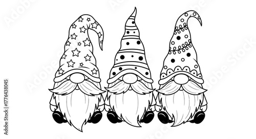Three cute gnomes with patterned hats and long beards, black and white line art for a coloring page activity.