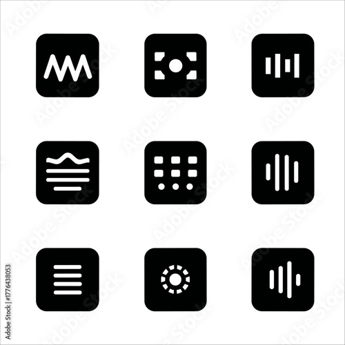 Collection of nine black icons featuring audio, sound, and interface elements like waveforms, grids, and sound bars