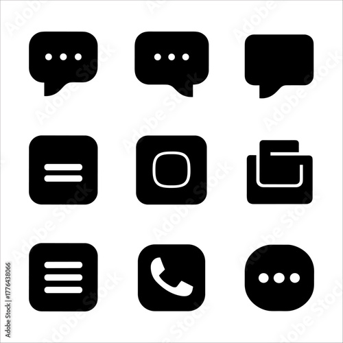 Collection of nine black communication and interface icons on a