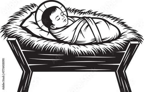 A baby in a manger with a star on top.