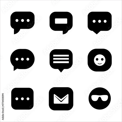 Nine black communication and interface icons arranged on a