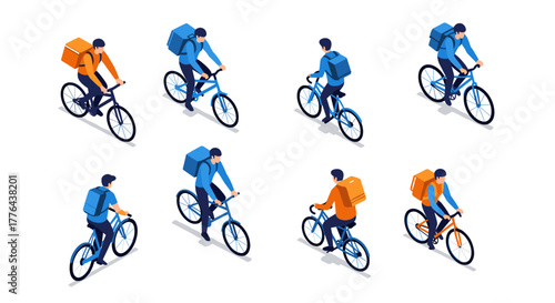 Isometric bicycle delivery couriers in motion with backpacks and orange boxes