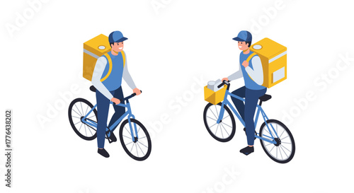 Isometric bicycle delivery service: couriers with backpacks and bicycles
