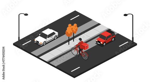 Isometric city street with cyclist and cars on a clear day