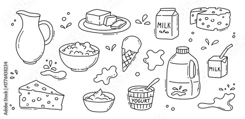 Dairy products hand drawn doodle illustrations set, cheese, yogurt and milk bottle isolated on white background